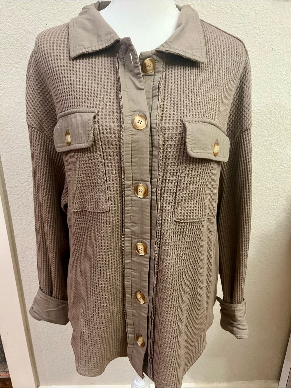 Automet Waffle Knit Button-Up Shirt Jacket - Taupe